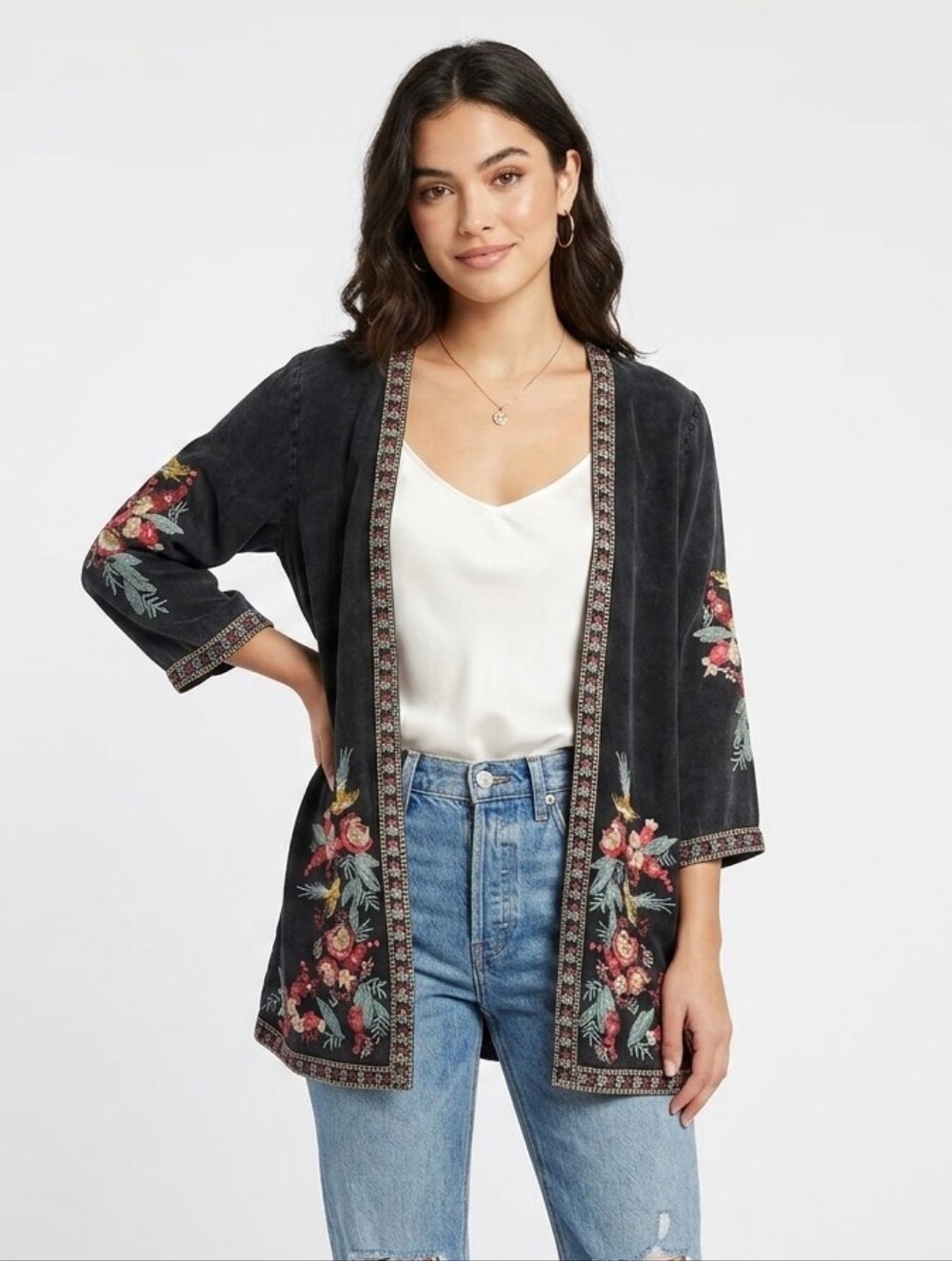 Review Grey Floral Embroidered Open Front Cardigan Kimono Size S Bohemian